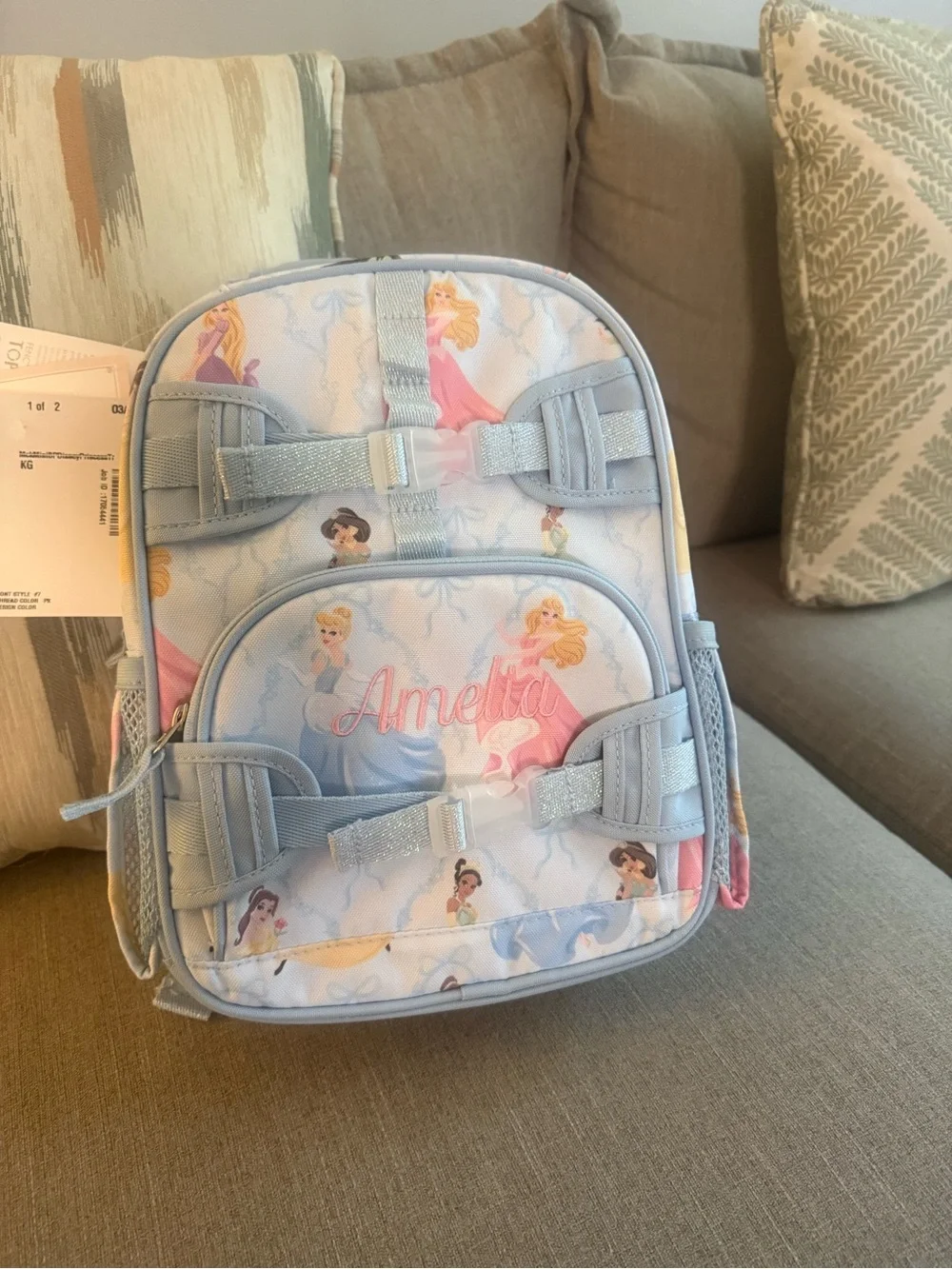New Pottery Barn Kids Light Blue Princess Print Lunch Bag and backpack